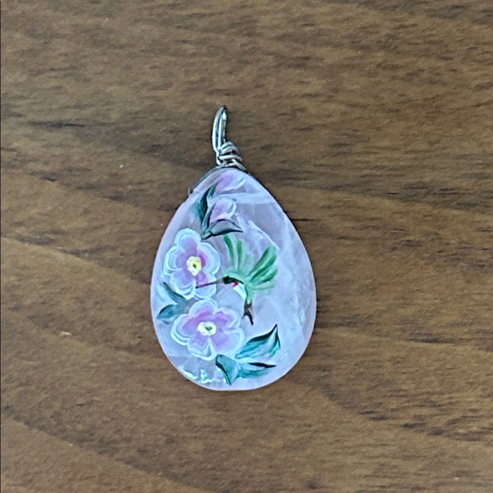 Hand-Painted Rose Quartz Floral Teardrop Pendant Necklace
